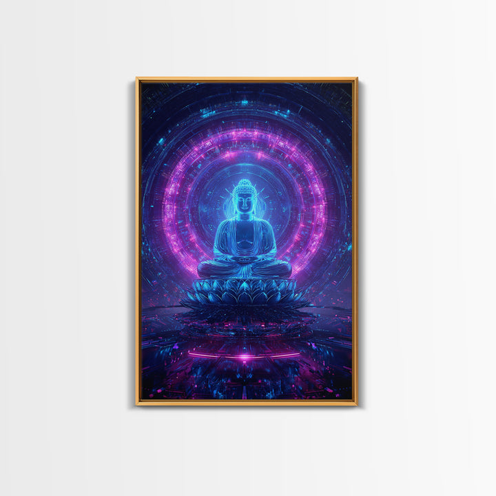 Futuristic Buddha Neon Cyber Meditation Spiritual Wall Art Framed Canvas Print for Modern Zen Home Decor