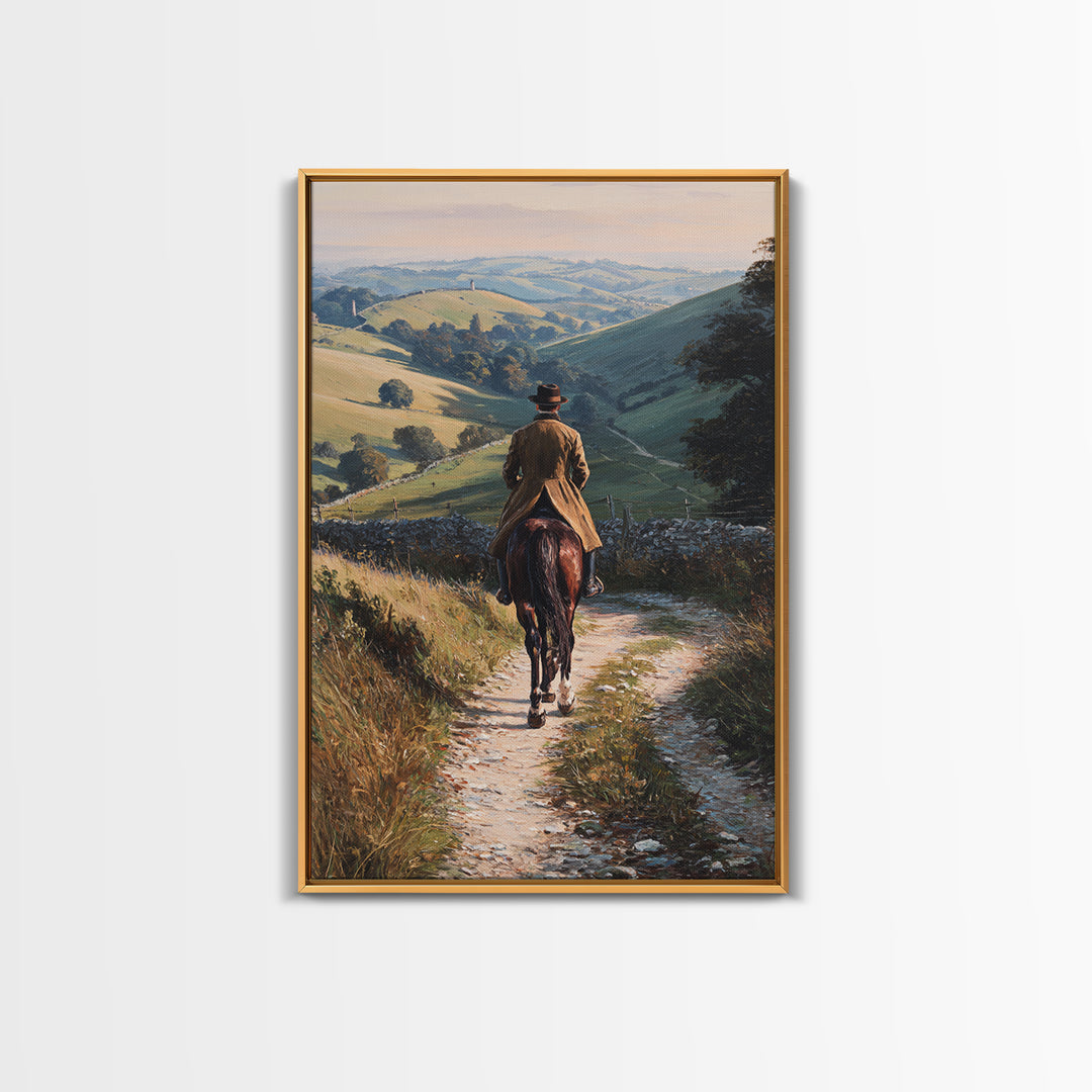 Equestrian Rider On Country Lane Framed Canvas Print, Rolling Hills Landscape Art, Horse Wall Decor, Rustic Farmhouse Decor
