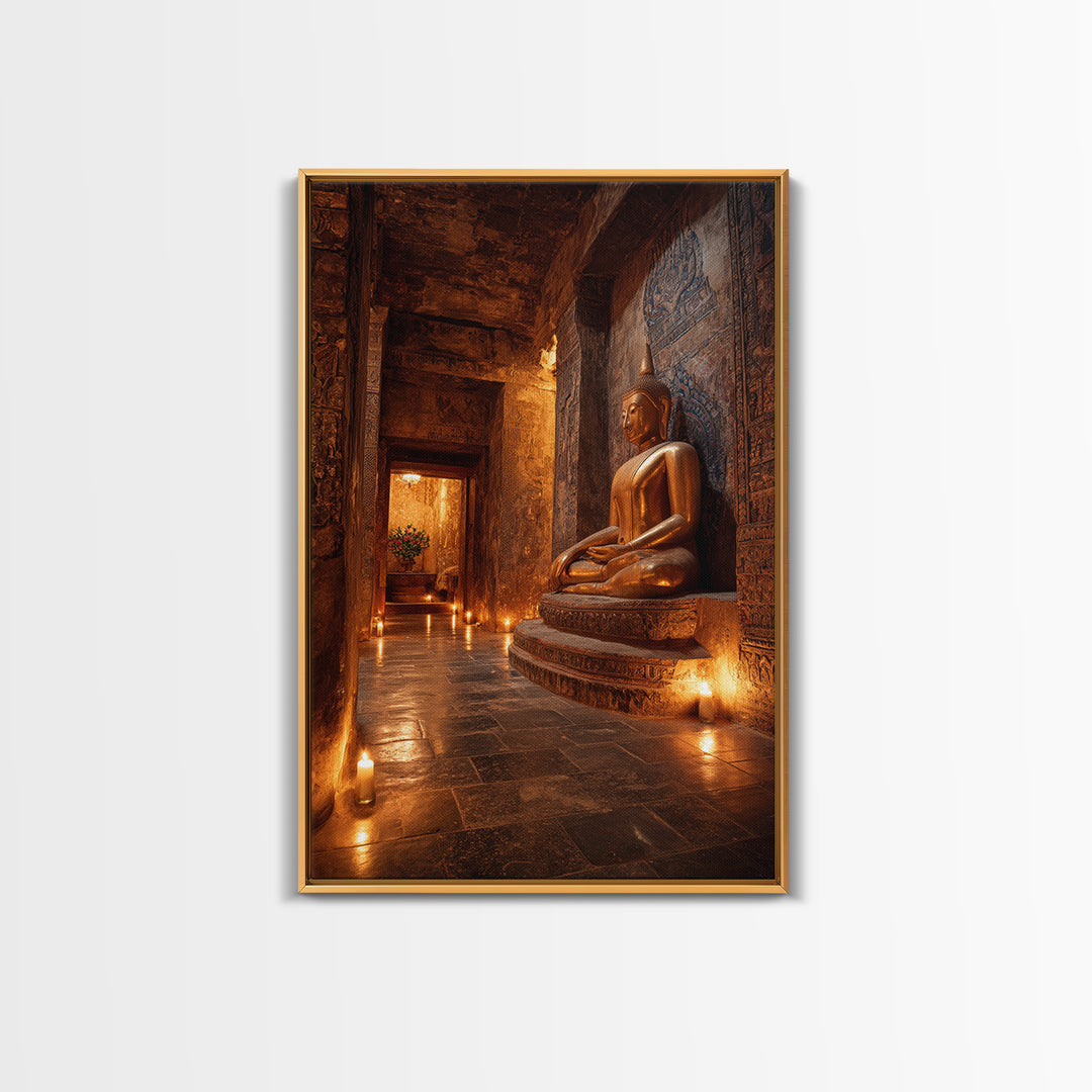 Ancient Temple Buddha Statue Lit By Candlelight Mystical Wall Art Canvas Print Sacred Asian Home Decor