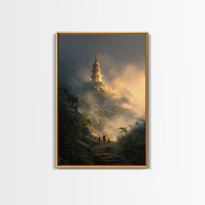 Mystical Misty Mountain Temple Landscape Wall Art Canvas Print For Spiritual Home Decor And Calming Living Room Decoration