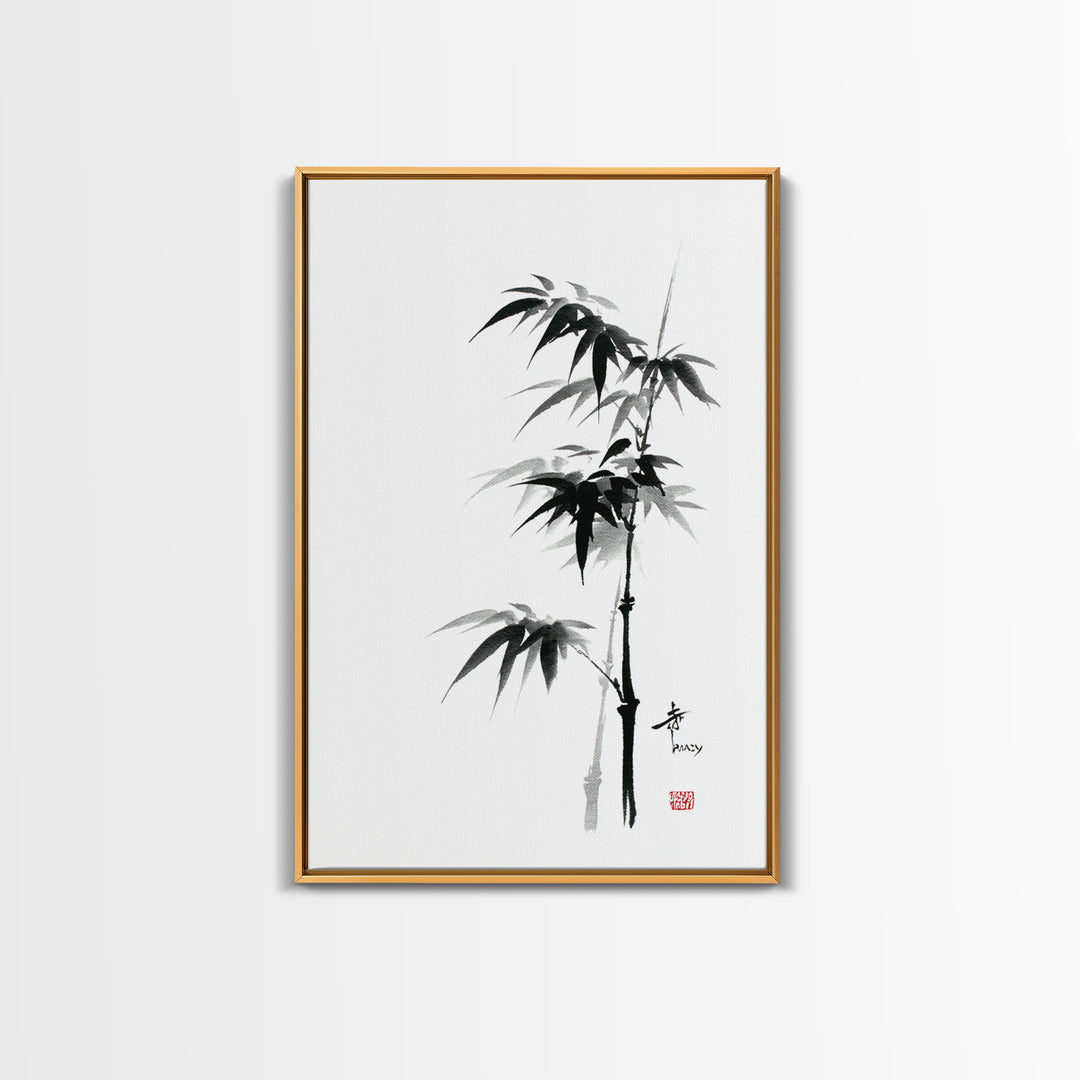 Traditional Black Ink Bamboo Painting Canvas Print, Japanese Sumi-e Style Wall Art, Elegant Minimalist Home Decor