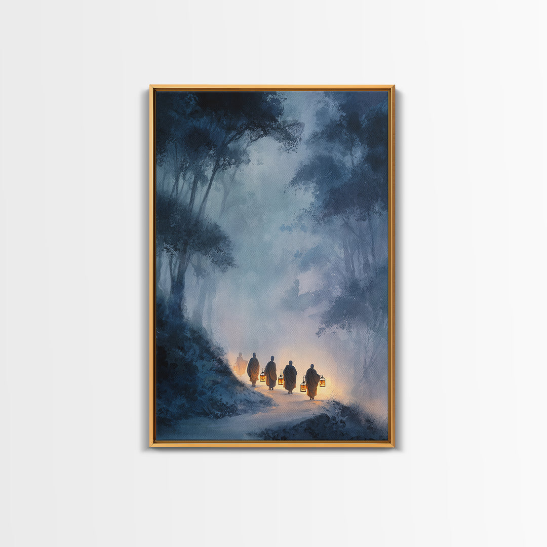 Mystical Buddhist Monks Carrying Lanterns Through Misty Forest Path Wall Art Print For Tranquil Home Decor