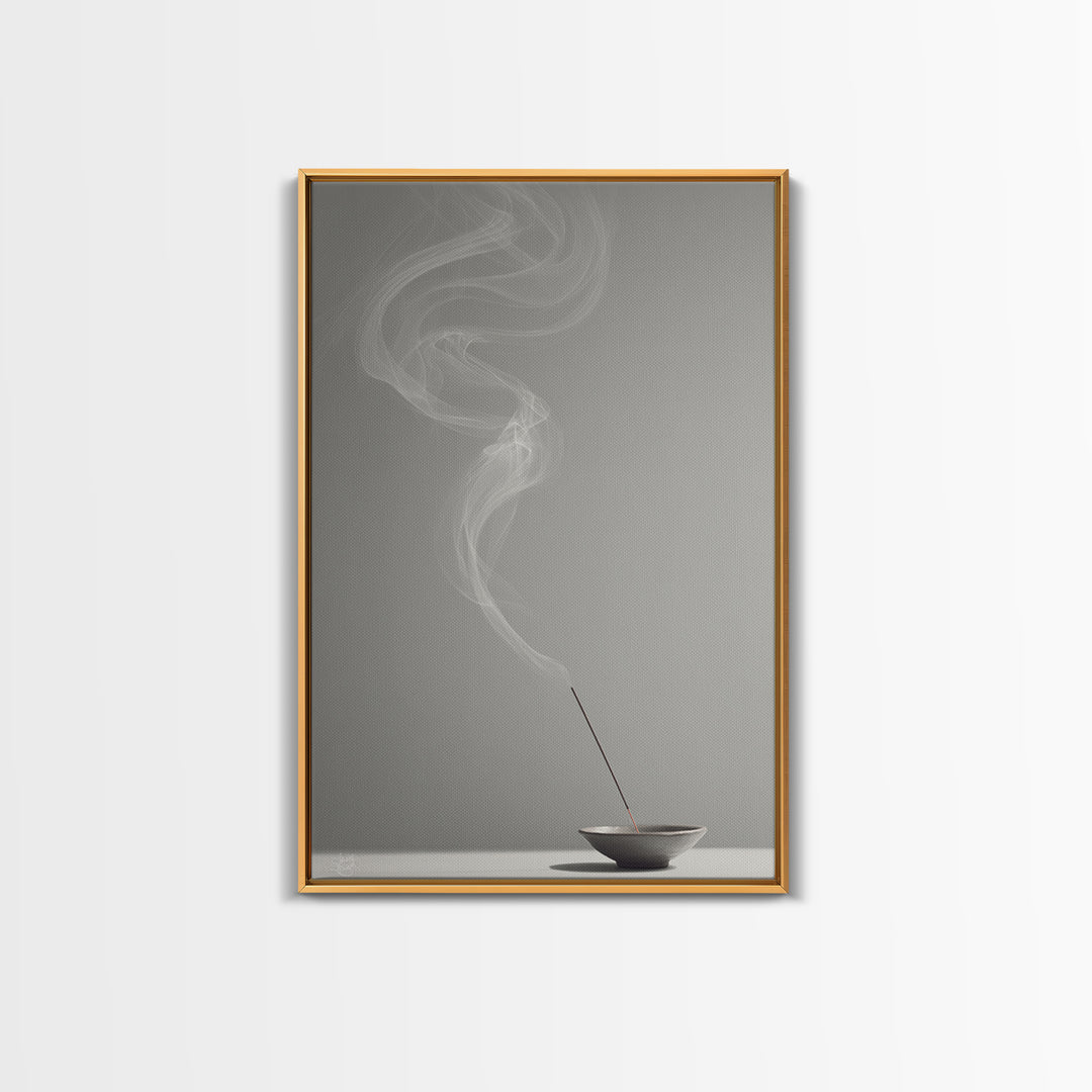 Mystical Incense Stick With Smoke Swirls On Minimalist Gray Background Canvas Print For Relaxation Spaces