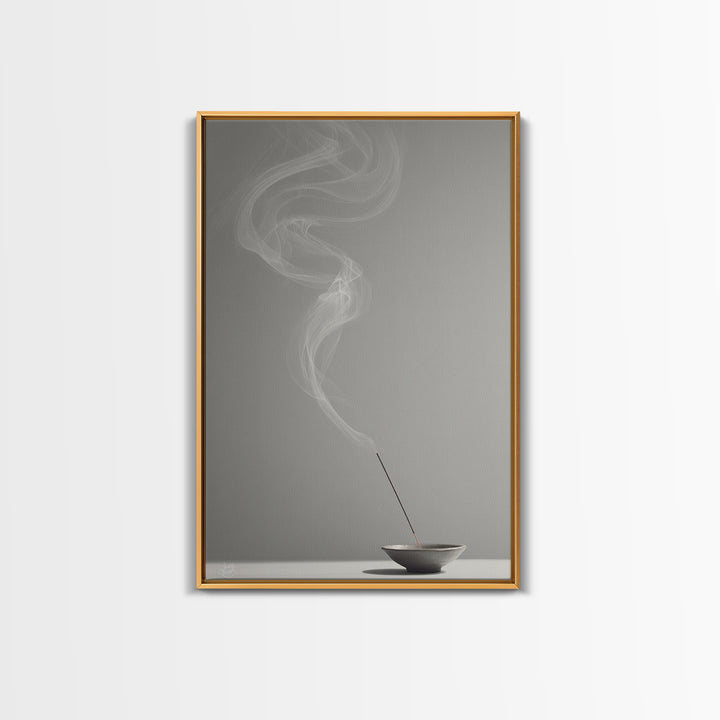 Mystical Incense Stick With Smoke Swirls On Minimalist Gray Background Canvas Print For Relaxation Spaces