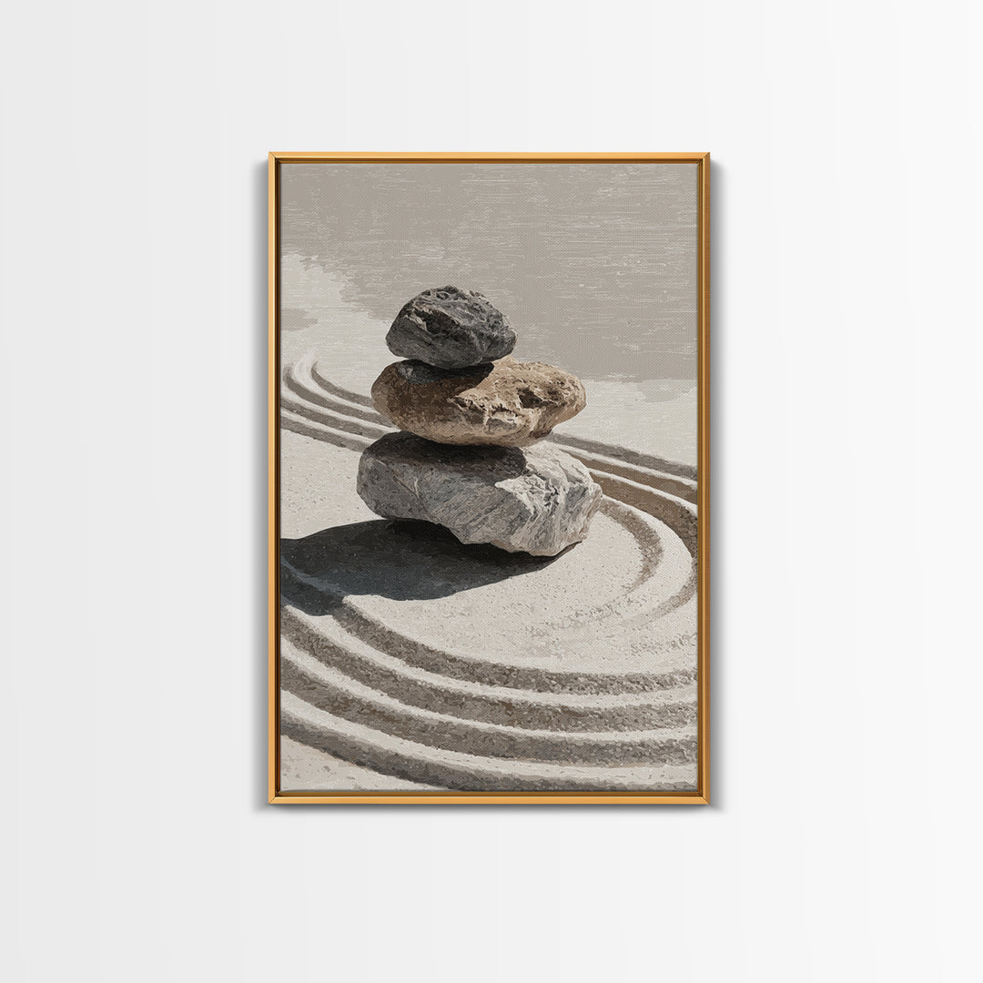 Zen Stones And Sand Minimalist Wall Art Print Tranquil Home Decor Framed Canvas Print