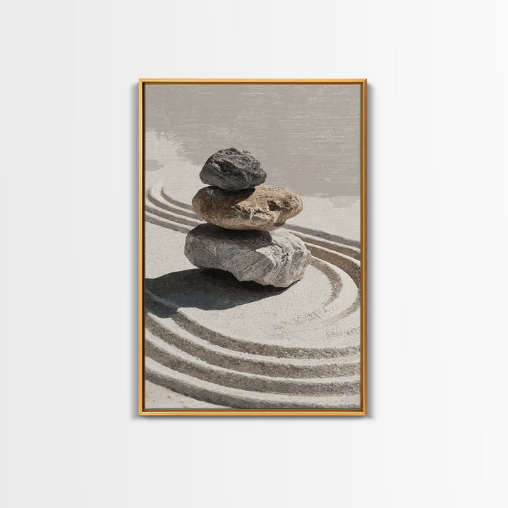 Zen Stones And Sand Minimalist Wall Art Print Tranquil Home Decor Framed Canvas Print