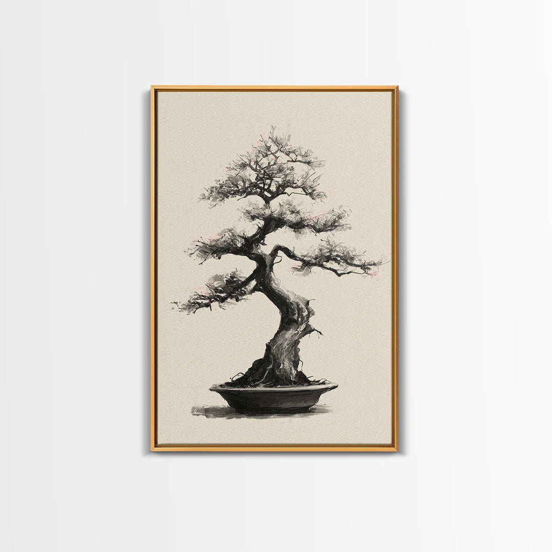 Delicate Bonsai Tree Traditional Ink Style Painting Wall Art Framed Canvas Print For Japanese Inspired Home Decor