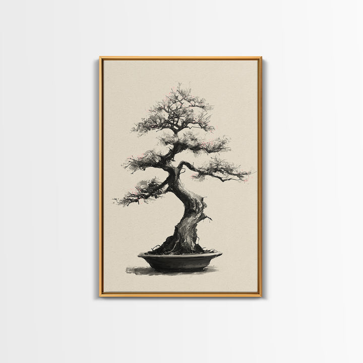 Delicate Bonsai Tree Traditional Ink Style Painting Wall Art Framed Canvas Print For Japanese Inspired Home Decor