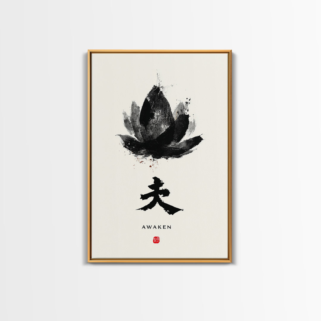Abstract Black Lotus Flower Zen Awaken Japanese Calligraphy Painting Wall Art Framed Canvas Print Minimalist Home Decor