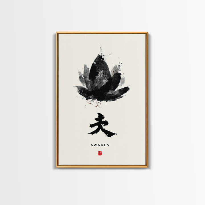 Abstract Black Lotus Flower Zen Awaken Japanese Calligraphy Painting Wall Art Framed Canvas Print Minimalist Home Decor