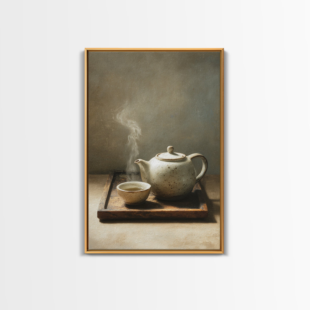 Minimalist Still Life With White Ceramic Teapot And Cup Steam Rising Wall Art Print Modern Canvas Print