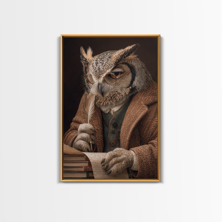 Wise Owl Scholar With Quill Wall Art, Whimsical Animal Portrait, Dark Academia Library Decor, Bird Art Print, Unique Gift