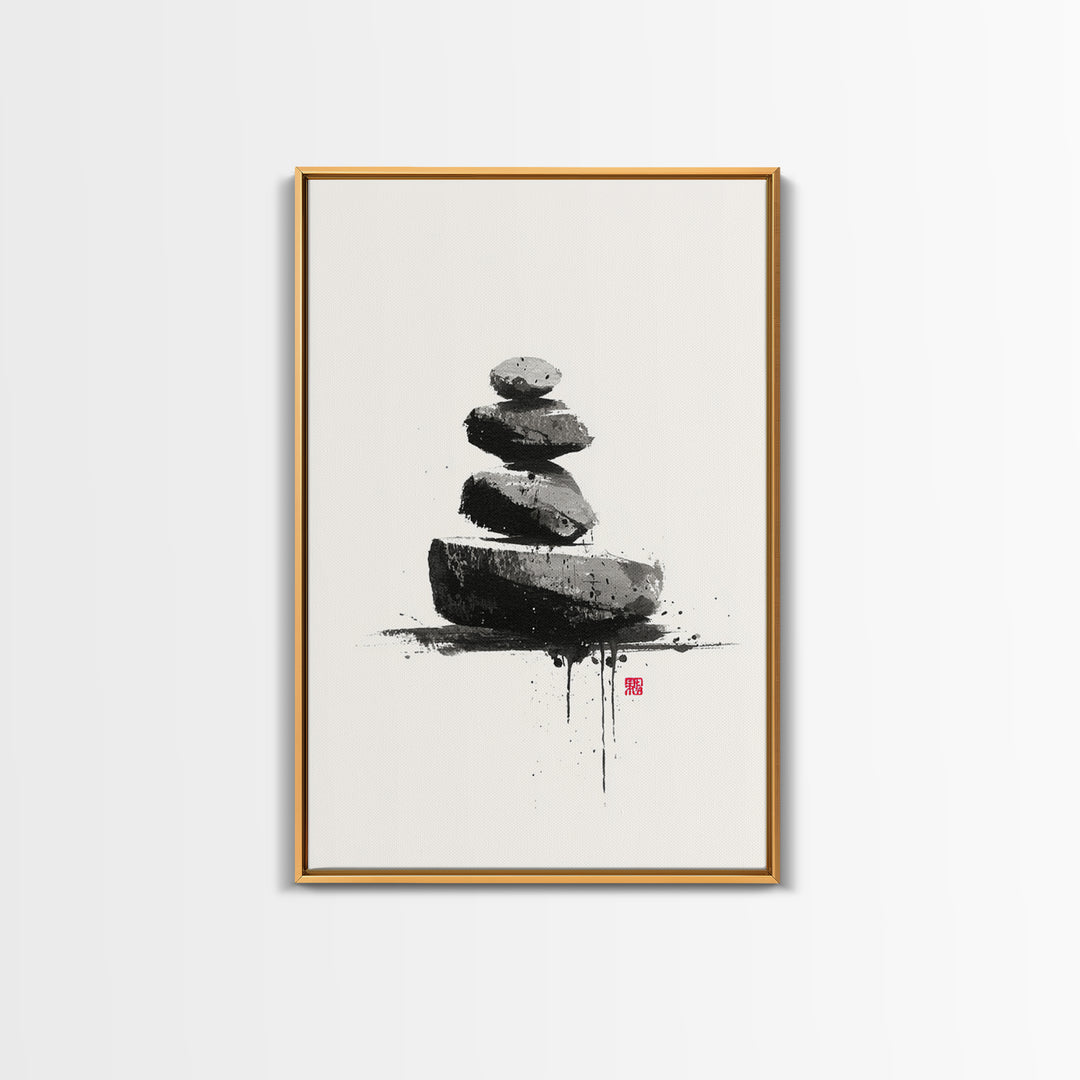 Zen Rock Balancing Japanese Ink Style Minimalist Wall Art Black And White Canvas Print For Modern Home Decor