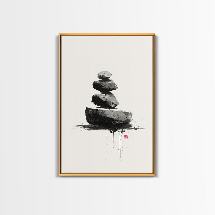 Zen Rock Balancing Japanese Ink Style Minimalist Wall Art Black And White Canvas Print For Modern Home Decor