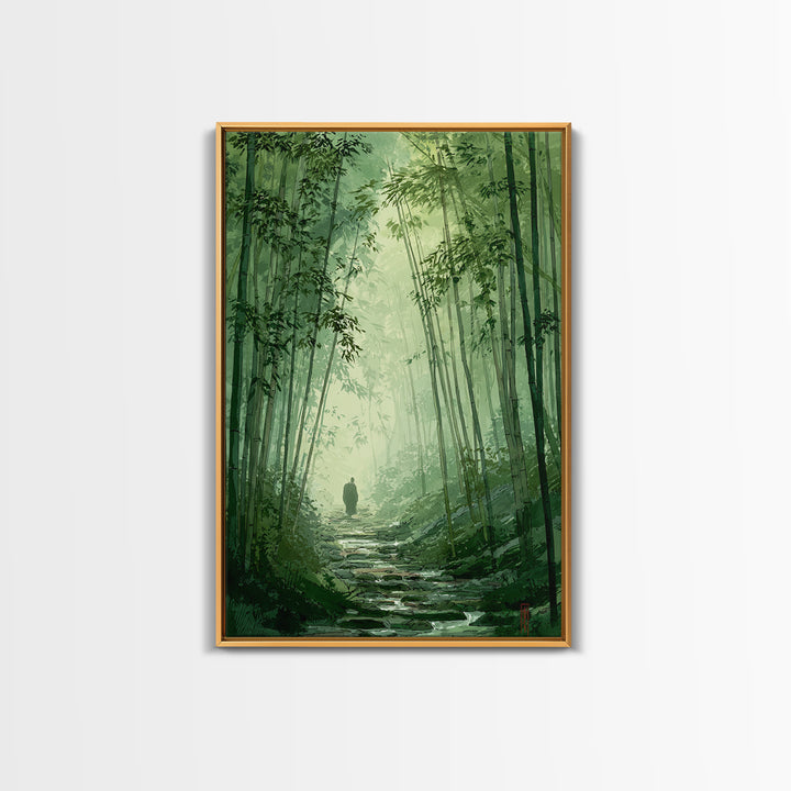 Quiet Green Bamboo Forest Path With Figure Walking Amongmist Framed Canvas Print For Serene Nature Wall Art And Home Decor