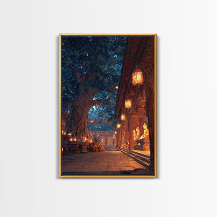 Peaceful Asian Temple And Monks At Dusk Digital Oil Painting Wall Art Canvas Print For Spiritual Home Decor