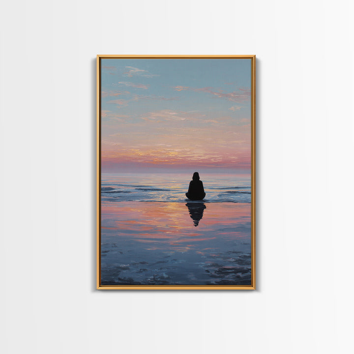 Serene Woman Meditating Beach Sunset Oil Painting Modern Wall Art Framed Canvas Print Peaceful Home Decor