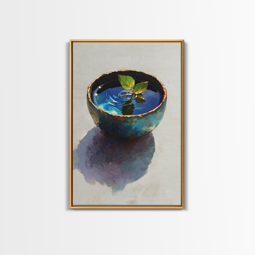 Rustic Blue Pottery Bowl With Leaf Reflection Oil Painting Framed Canvas Print For Home Decor And Wall Art