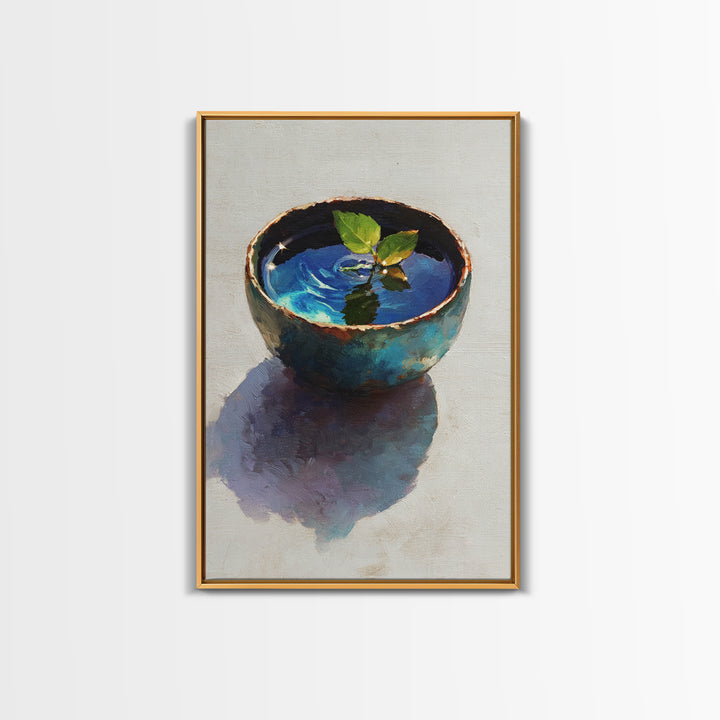 Rustic Blue Pottery Bowl With Leaf Reflection Oil Painting Framed Canvas Print For Home Decor And Wall Art