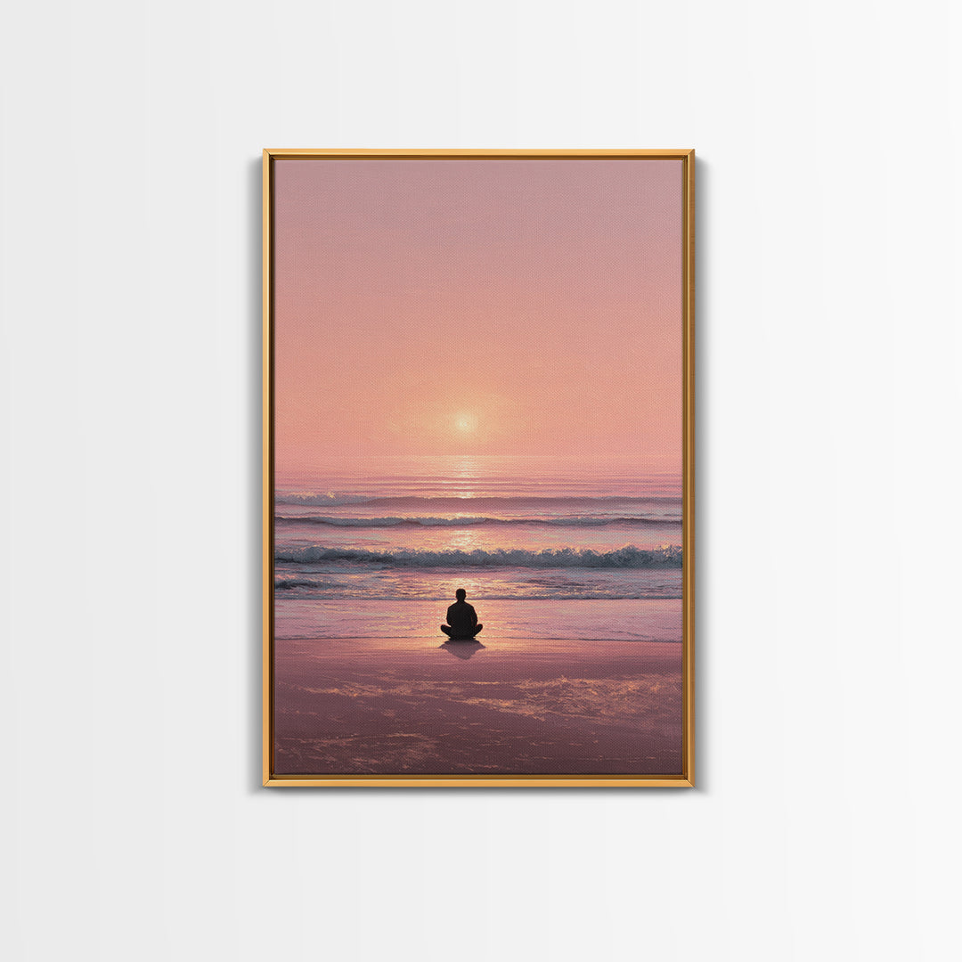 Meditative Seaside Sunset With Silhouette Sitting On Beach Wall Art Beautiful Ocean Canvas Print For Zen Home Decor