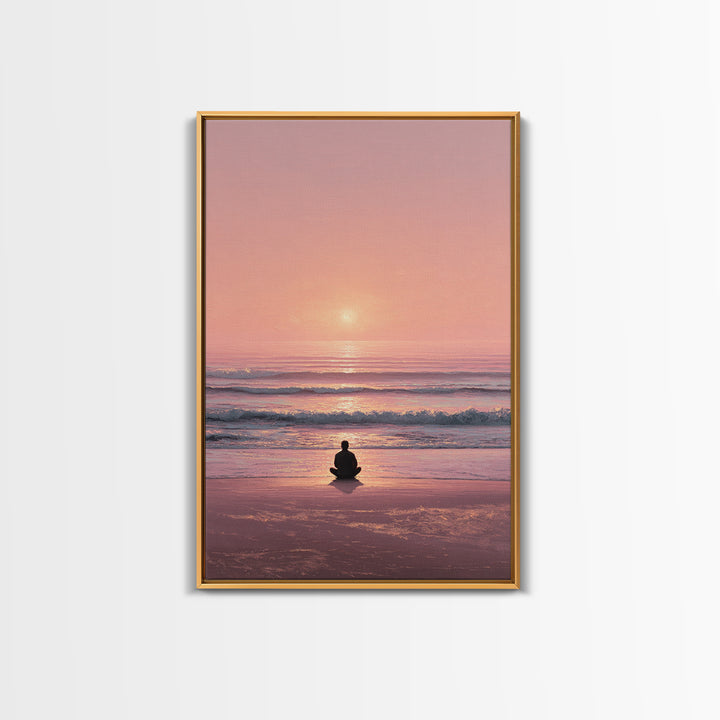 Meditative Seaside Sunset With Silhouette Sitting On Beach Wall Art Beautiful Ocean Canvas Print For Zen Home Decor