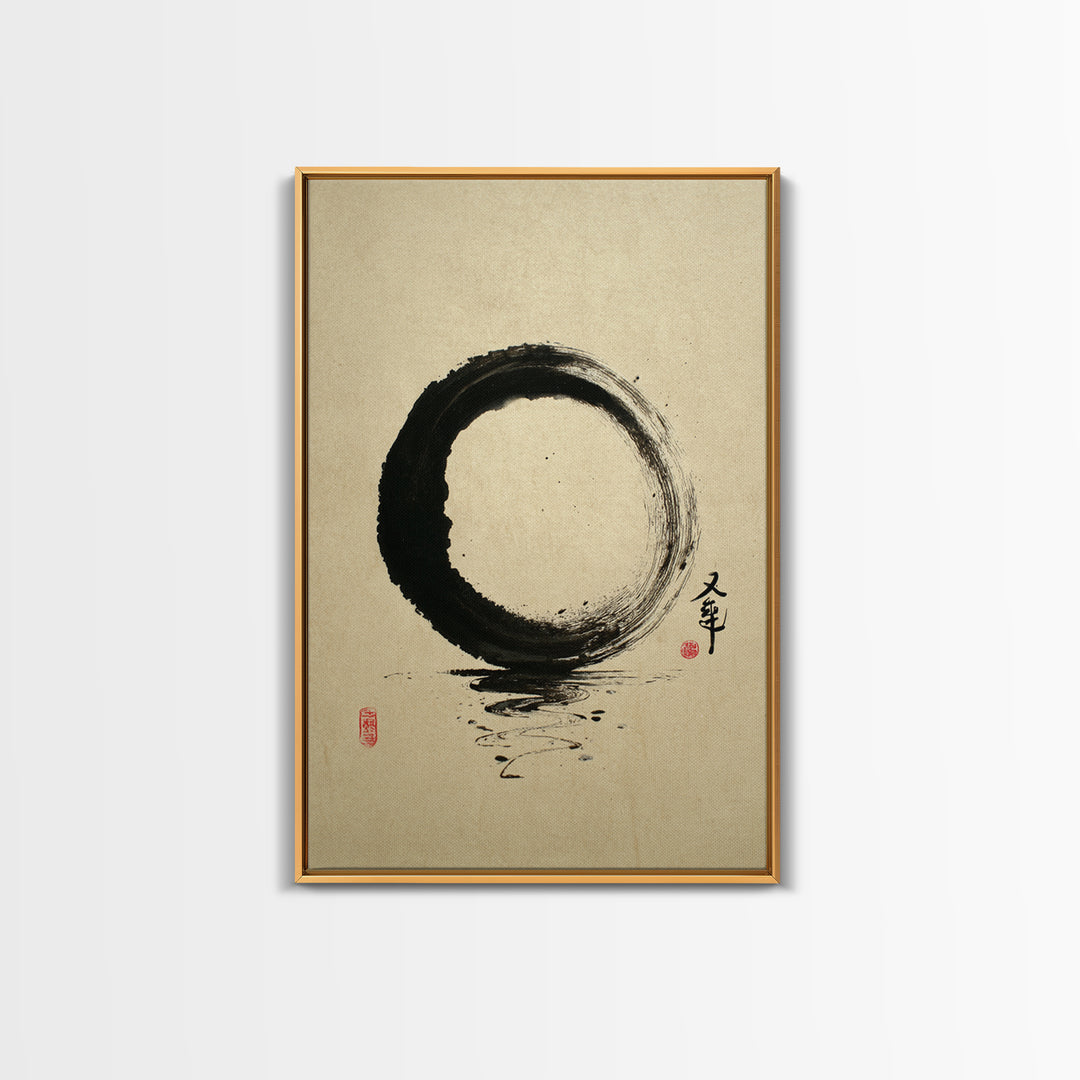 Elegant Minimalist Black Ink Enso Circle With Japanese Calligraphy Wall Art Print Framed Canvas Print For Modern Home Decor