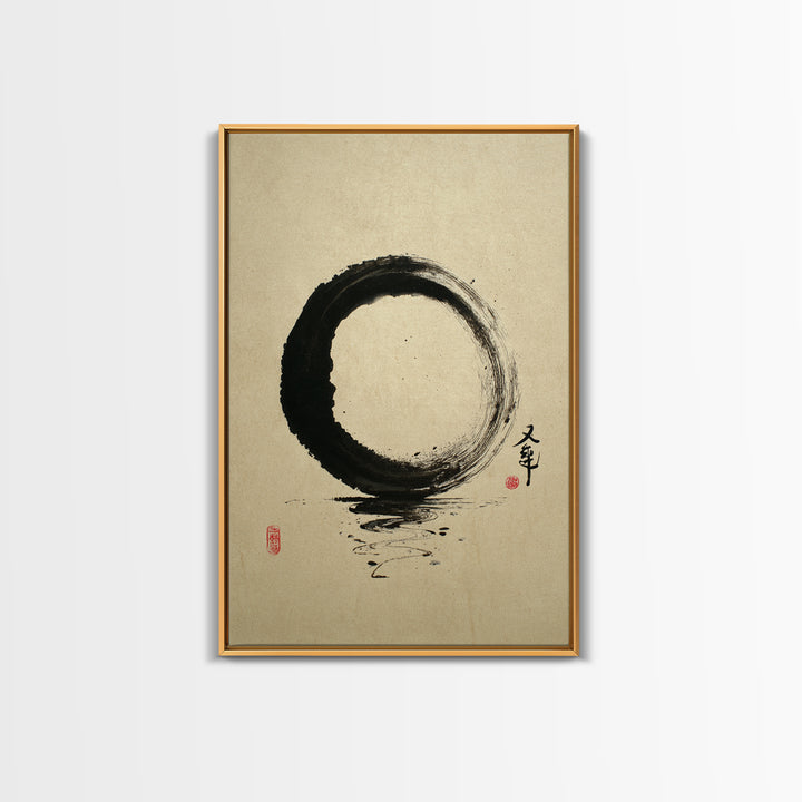 Elegant Minimalist Black Ink Enso Circle With Japanese Calligraphy Wall Art Print Framed Canvas Print For Modern Home Decor