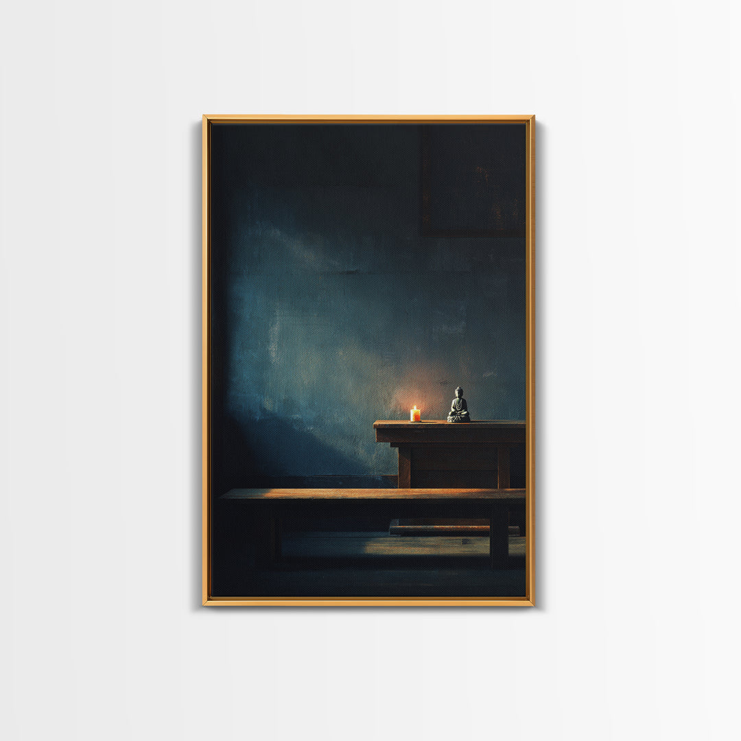 Serene Zen Meditation Room Wall Art Print With Buddha Statue And Candle Framed Canvas Print Minimalist Home Decor Tranquil Wall Art