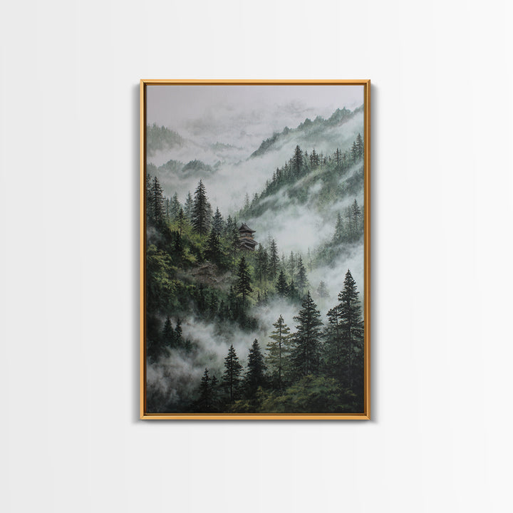 Mist Covered Mountain Landscape With Pine Trees And Hidden Cabin In The Forest Wall Art For Rustic Home Decor Canvas Print