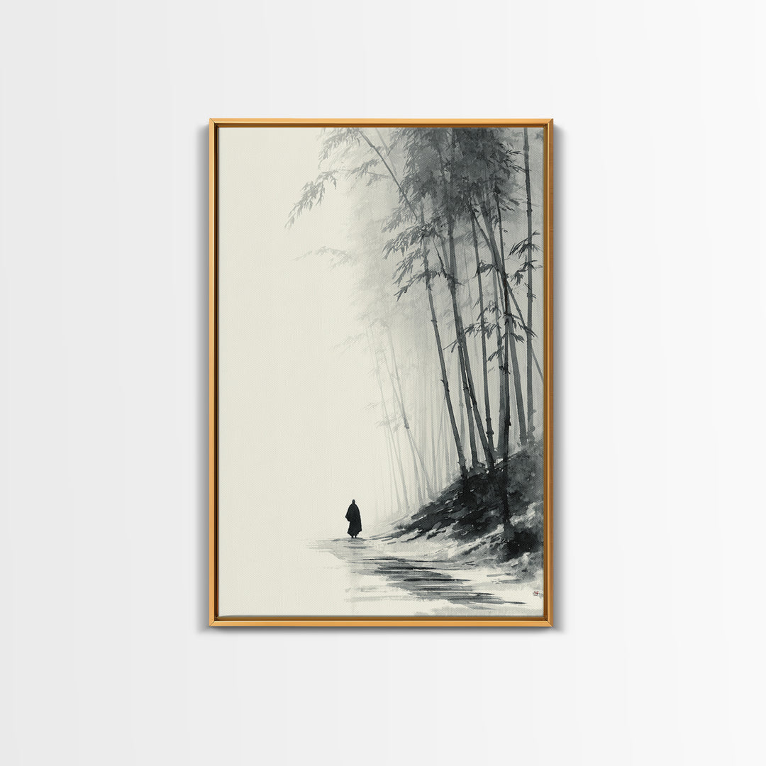 Minimalist Black And White Monochrome Painting Monk Walking In Bamboo Forest Wall Art Framed Canvas Print