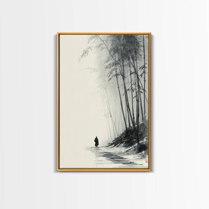 Minimalist Black And White Monochrome Painting Monk Walking In Bamboo Forest Wall Art Framed Canvas Print