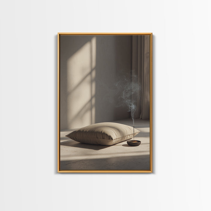 Minimalist Cozy Room With Soft Pillow And Burning Incense Stick Canvas Print Modern Wall Art For Bedroom Decor
