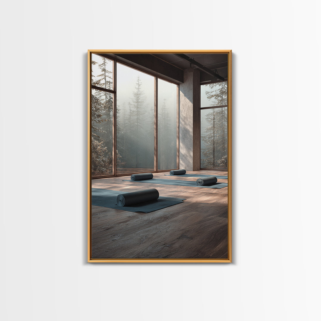 Tranquil Yoga Studio With Mountain View And Natural Light Wall Art Framed Canvas Print For Fitness And Wellness Spaces