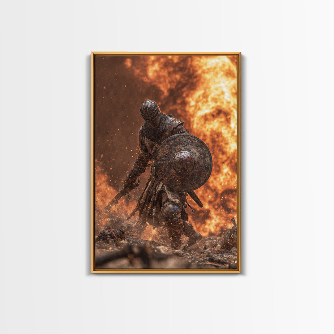Armored Knight In Fiery Battle Framed Canvas Print, Dark Fantasy Wall Art, Medieval Warrior Decor, Gaming Room Gift For Him
