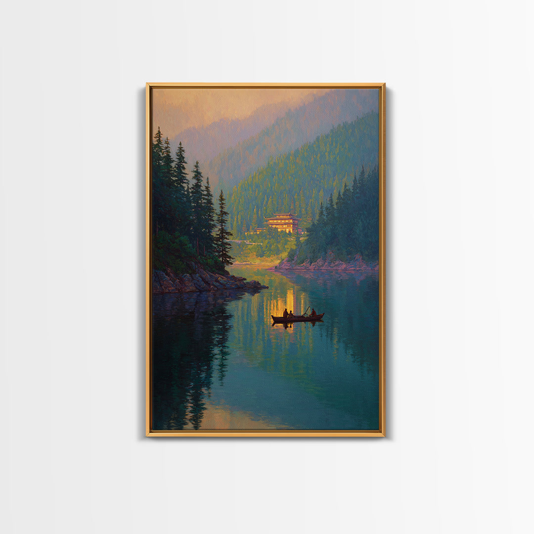 Serene Mountain Lake Landscape With Canoe Reflection Wall Art For Living Room Decor