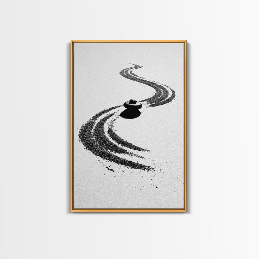 Zen Inspired Minimalist Sand And Stone Artwork Black And White Canvas Print For Modern Meditation Room Wall Art