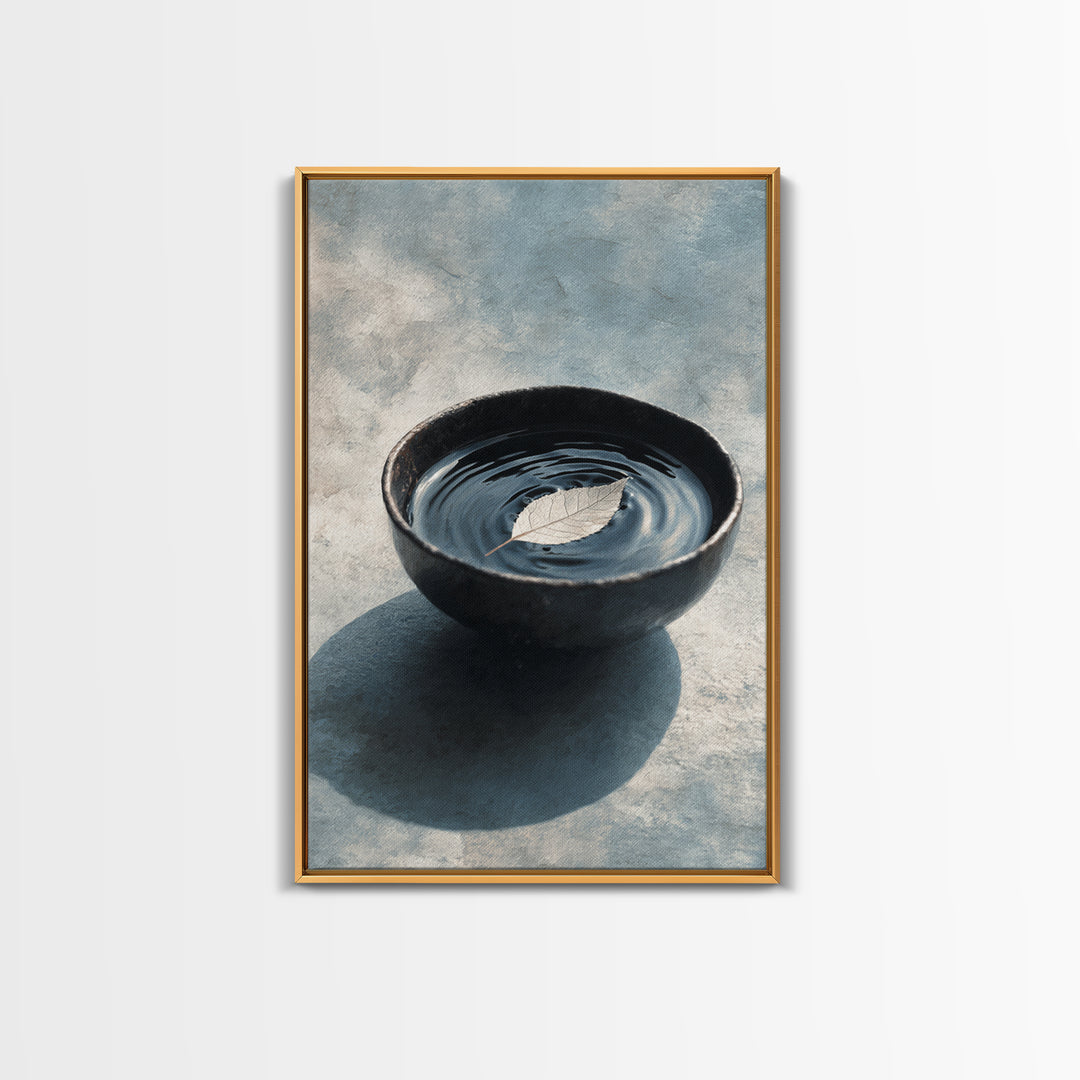 Minimalist Zen Black Bowl With Leaf Floating On Water Ripple Texture Wall Art Framed Canvas Print For Peaceful Home Decor