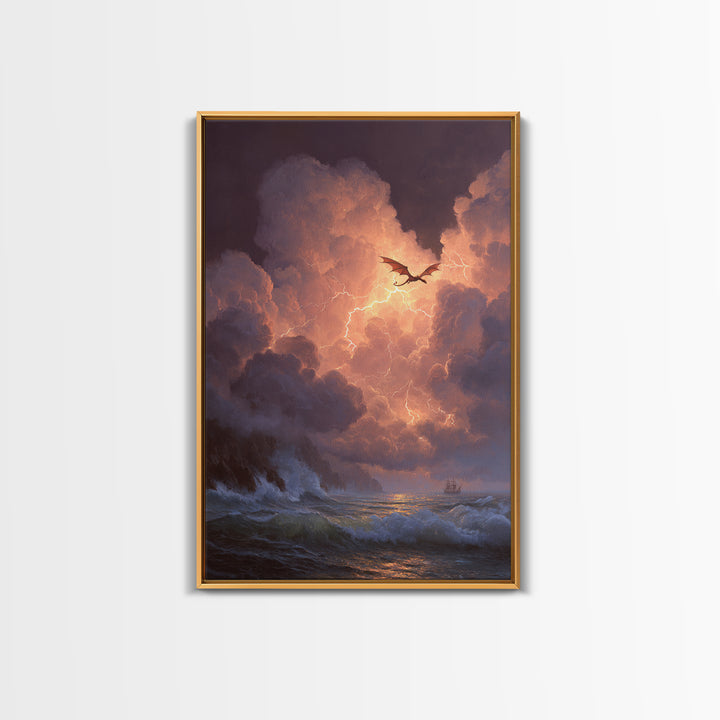 Storm Dragon Over Lightning Seas Wall Art Fantasy Seascape Canvas Print For Gothic Decor Dragon Art And Moody Coastal Room