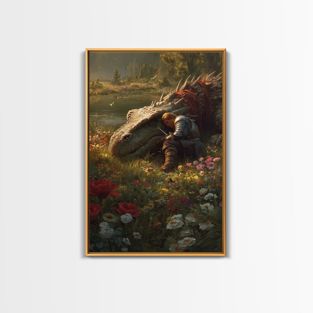 Sleeping Knight Beside Ancient Dragon Wall Art Fantasy Floral Meadow Canvas Print For Medieval Home Decor And Gift For Her