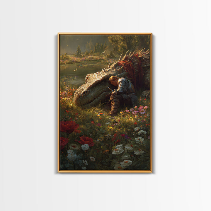Sleeping Knight Beside Ancient Dragon Wall Art Fantasy Floral Meadow Canvas Print For Medieval Home Decor And Gift For Her
