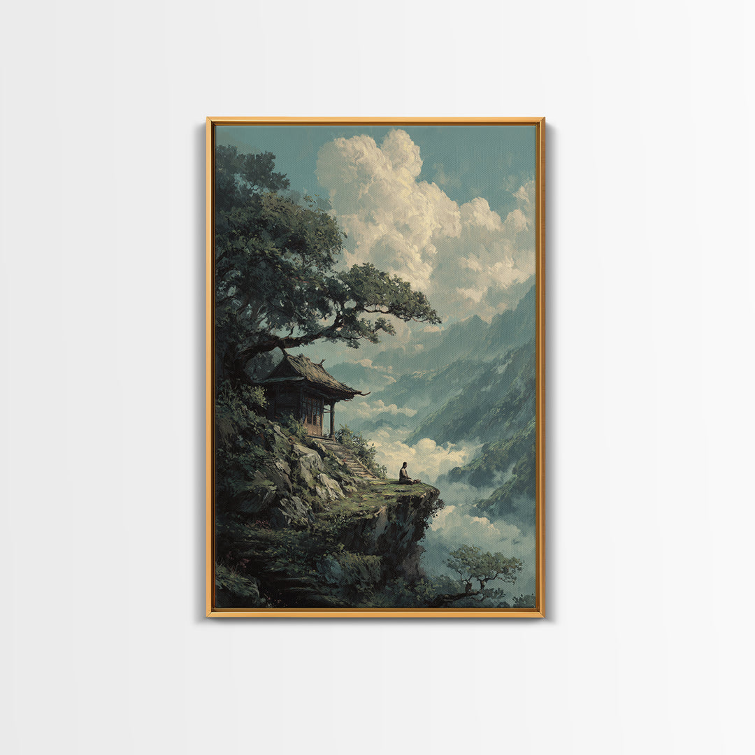 Tranquil Mountain Meditation Scene With Zen Garden Framed Canvas Print For Spiritual And Modern Home Wall Art Decor