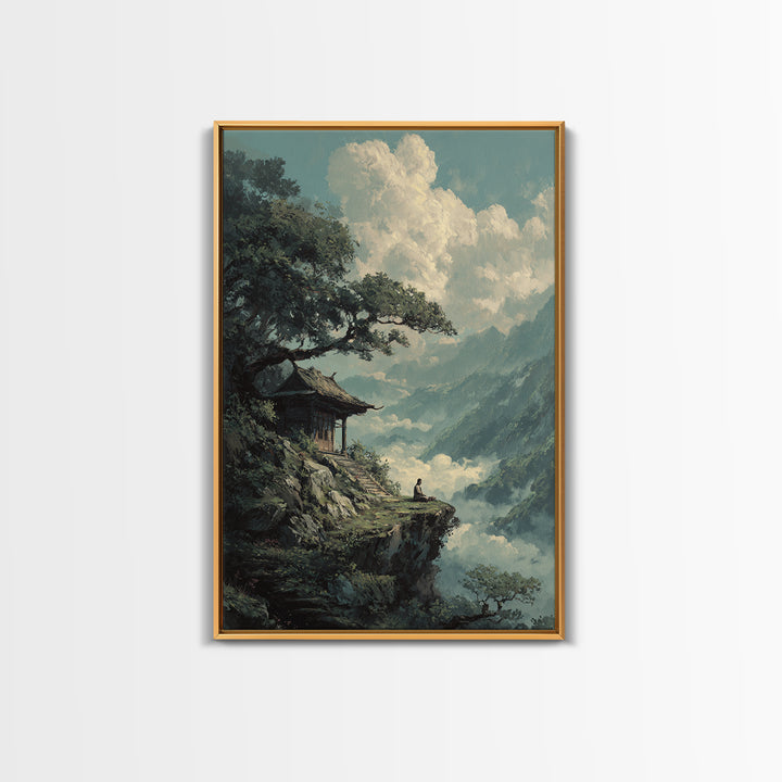 Tranquil Mountain Meditation Scene With Zen Garden Framed Canvas Print For Spiritual And Modern Home Wall Art Decor
