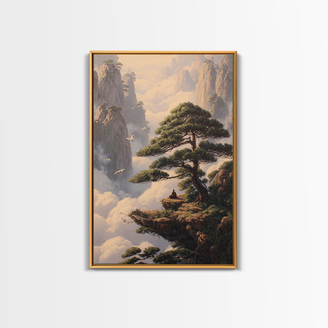 Meditative Man On Cliff Surrounded By Pines And Birds In Misty Mountains Wall Art Print For Tranquil Home Decor