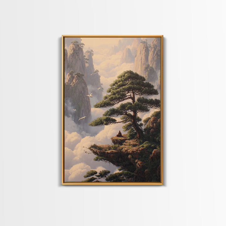 Meditative Man On Cliff Surrounded By Pines And Birds In Misty Mountains Wall Art Print For Tranquil Home Decor