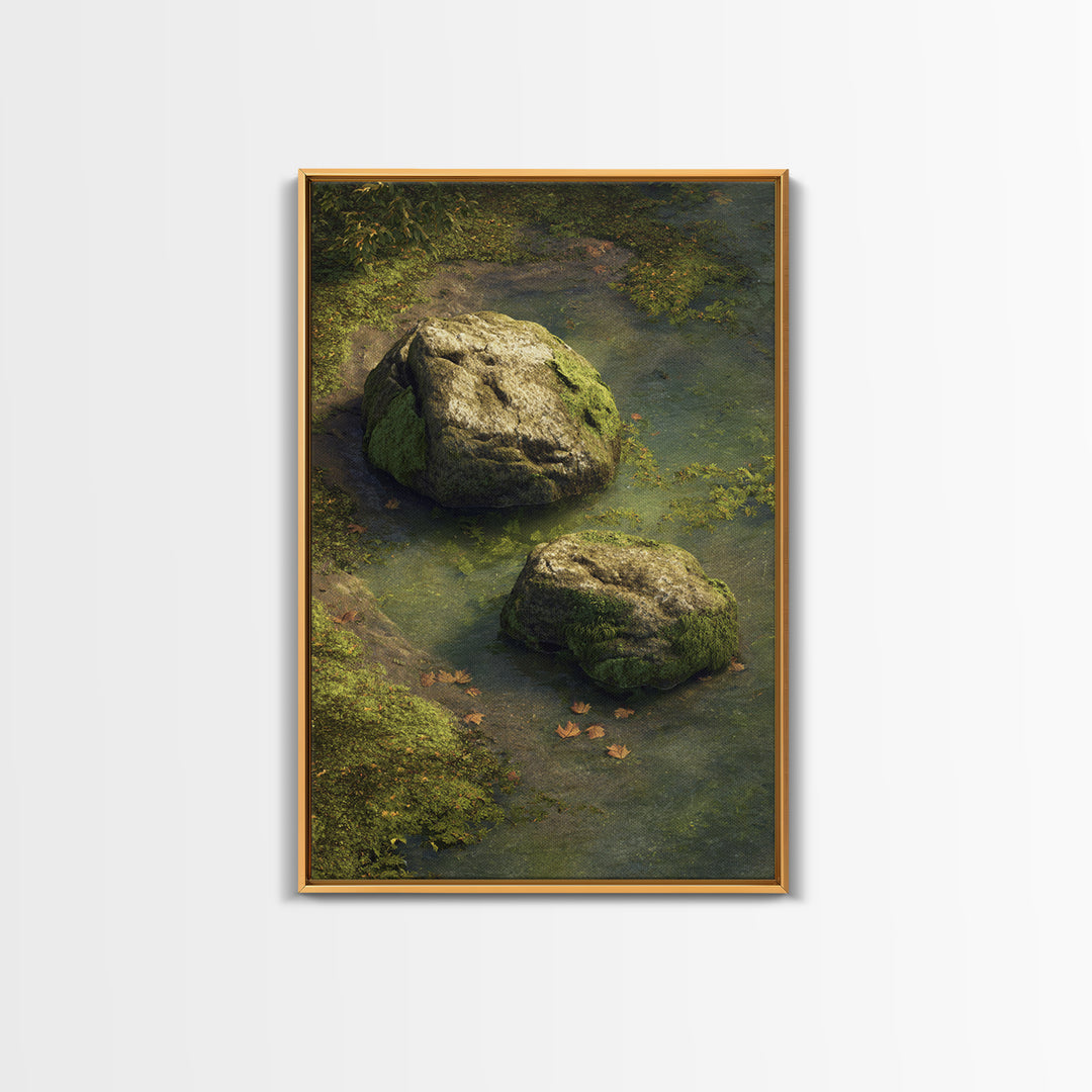 Peaceful Moss Covered Rocks In Quiet Woodland Stream Nature Wall Art Canvas Print For Calming Home Decor