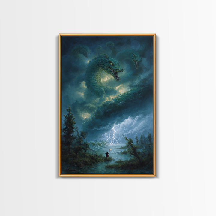 Three Headed Sea Hydra Storm Wall Art Fantasy Dragon Canvas Print For Gothic Decor Mythical Creature And Moody Office Art