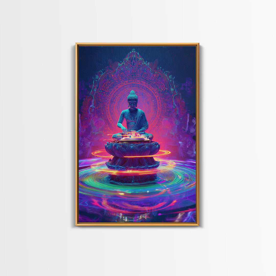 Vibrant Neon Buddha With Sacred Mandala And Energy Rings Wall Art Print Framed Canvas Print Spiritual Home Decor