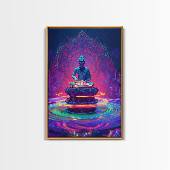 Vibrant Neon Buddha With Sacred Mandala And Energy Rings Wall Art Print Framed Canvas Print Spiritual Home Decor