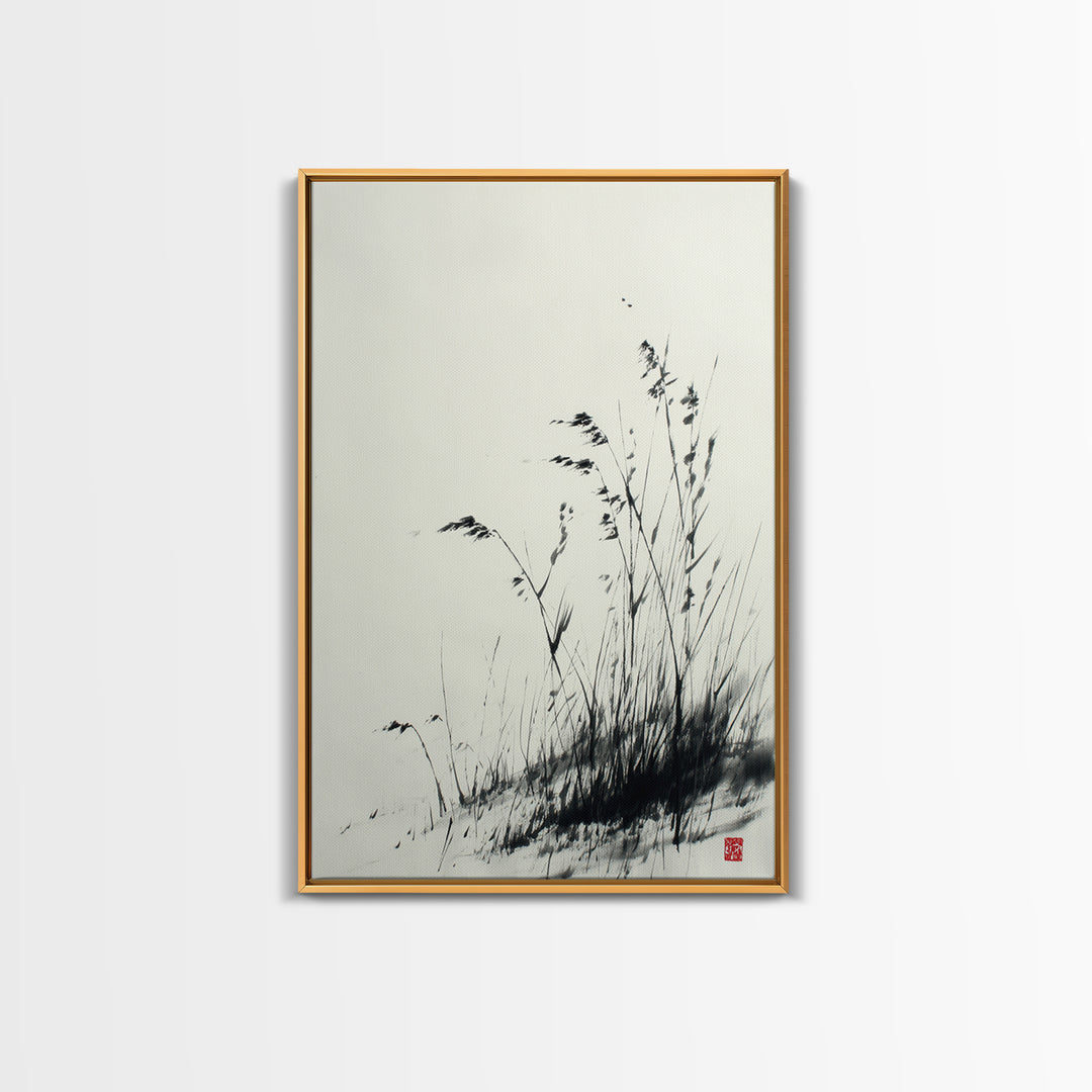 Elegant Black And White Ink Painting Of Windblown Grass Minimalist Wall Art Framed Canvas Print Natural Home Decor