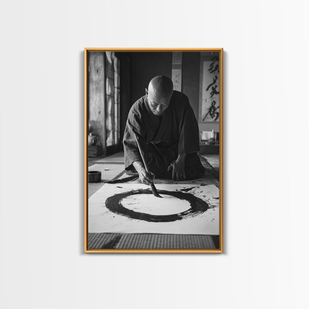 Black And White Fine Art Photography Of Japanese Calligraphy Artist Painting Circle Wall Art Framed Canvas Print